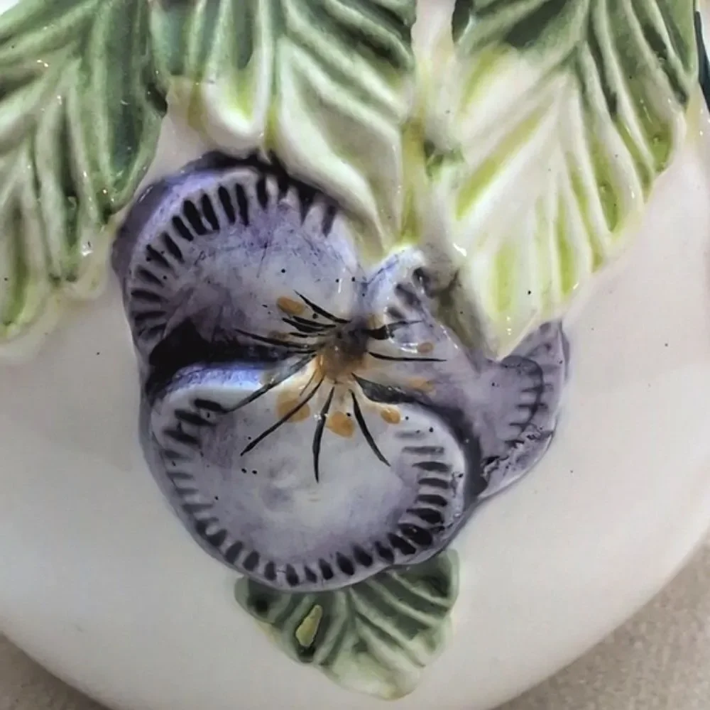 Ceramic Pottery Pitcher Hand Painted Raised Pansy's Alcobaca Portugal Vintage